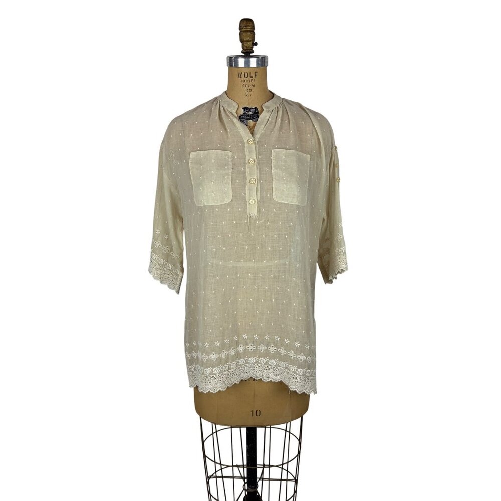 Vintage 70s Sheer Shirt Womens Large Beige Dotted Embroidered Mandarin Tunic - Picture 1 of 11